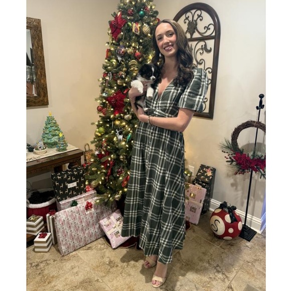 By Anthropologie Katerina Button Front Puff Sleeve Green Plaid Maxi Dress size L - Picture 5 of 9
